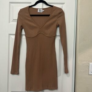 Princess Polly Ribbed Long Sleeve Mini Dress in Brown